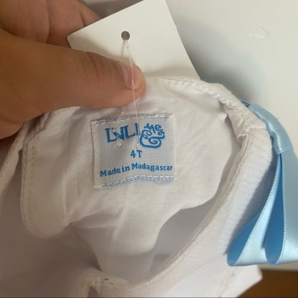 LOVELY WHITE DRESS W/LACE & BLUE RIBBON pique Luli & Me 4T NWT - Picture 3 of 6